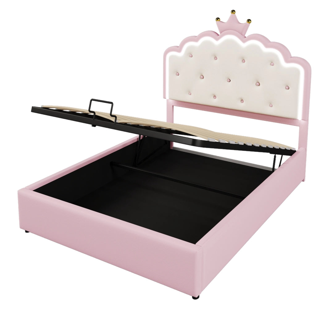 Letto per bambini imbottito con testiera a corona; 140 x 200 cm; PU rosa; con rete a doghe e LED