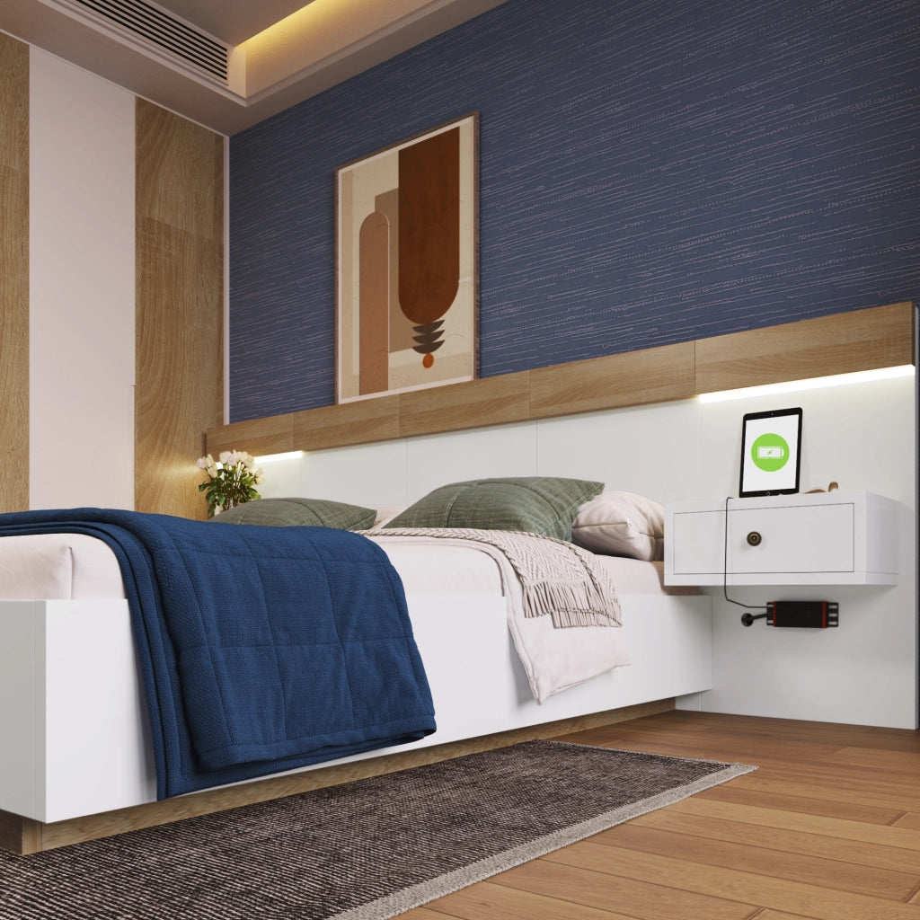 Letto matrimoniale con 2 comodini LED e prese USB/Tipo C, 160x200 cm