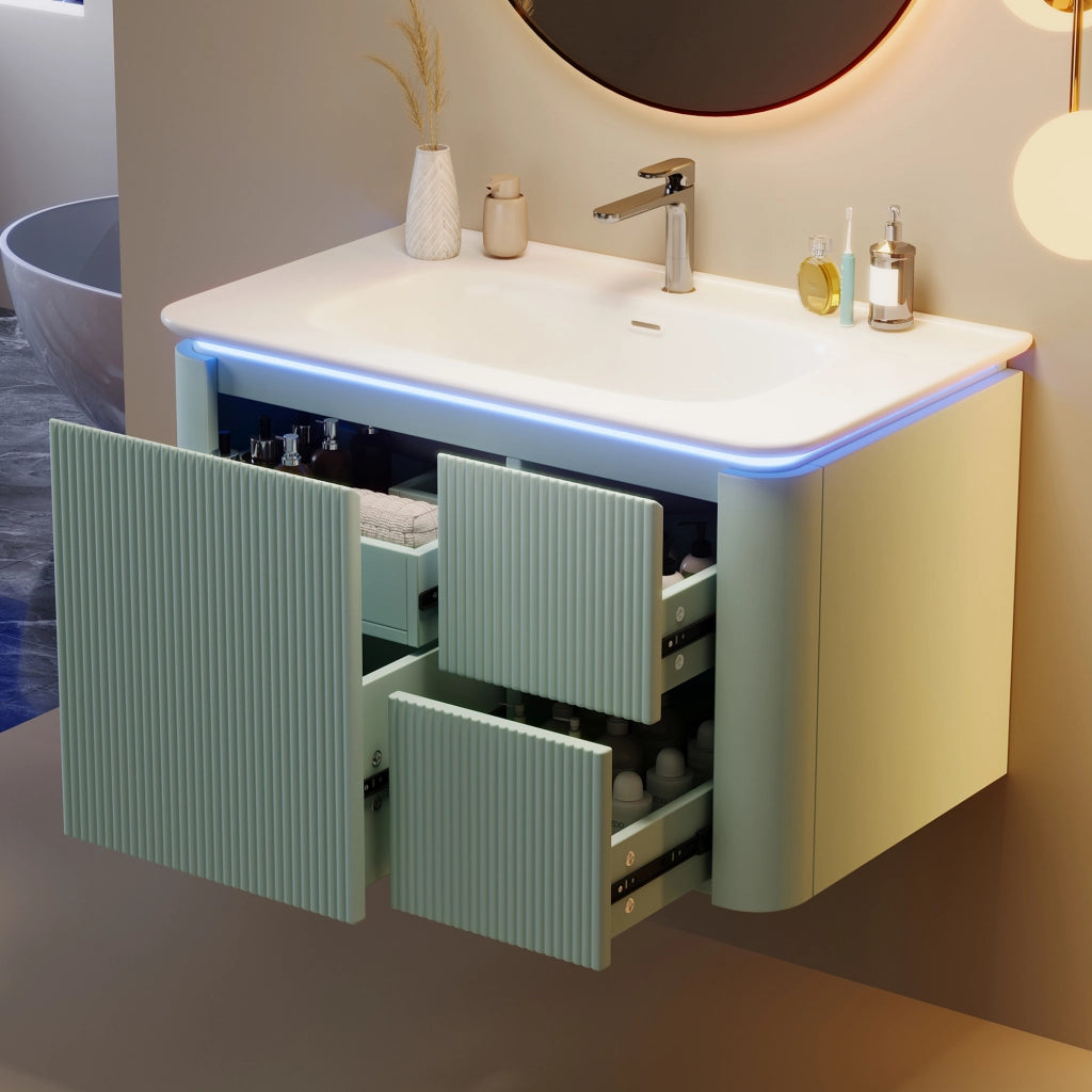 Mobile sottolavabo con LED, lavabo in ceramica e 4 cassetti, per bagno, in MDF e ceramica, verde, 80,5 × 47,5 × 51 cm