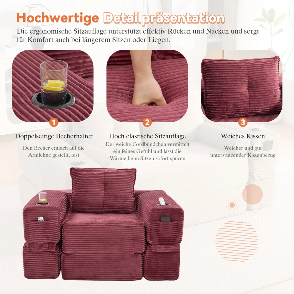 Divano letto modulare con tasche laterali e portabicchieri in velluto a coste rosso vino 122 × 98 × 80 cm