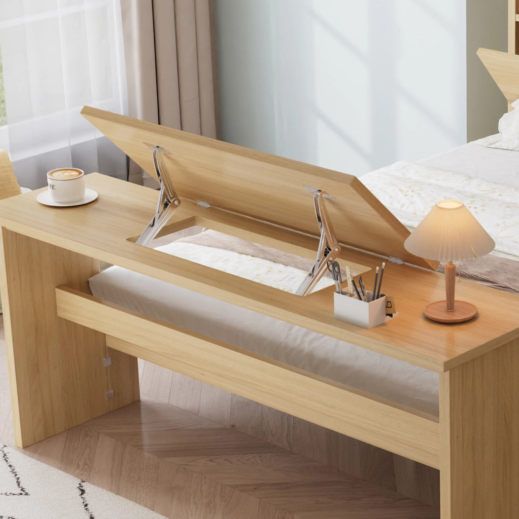 Letto con Cassetti 140 x 200 cm - Testiera con Mensole; Tavolo Pieghevole e Cassetto