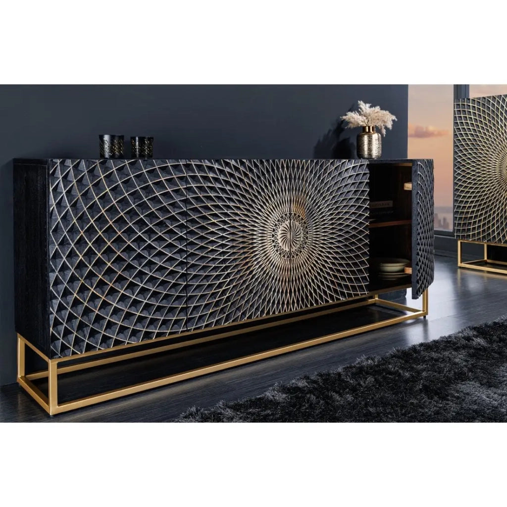 Buffet KOSMOS 180 cm – Legno massiccio nero scolpito 3D – Piedi in metallo dorato