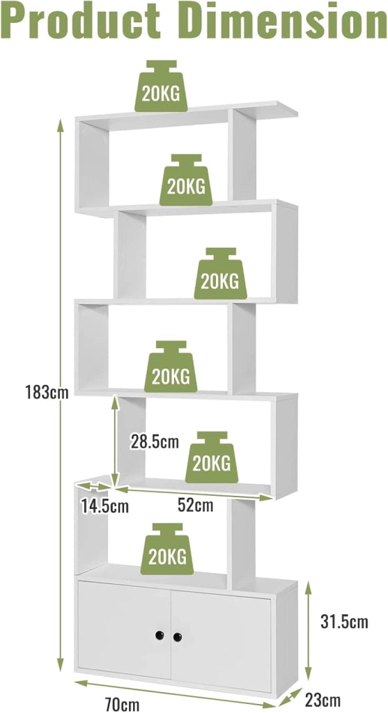 Scaffale a 6 Ripiani con cassetto, Libreria Autoportante, Scaffale da Terra, Design Moderno, 70 x 23 x 183 cm, Bianco/Marrone/Nero (Bianco)