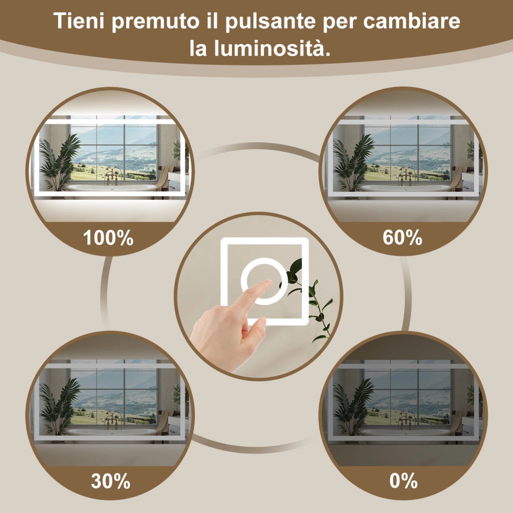 80×60 cm Specchio da Bagno Rettangolare a LED Specchio da Toeletta Specchio da Parete, Luce Bianca 6000K, Anti-fog, Touch