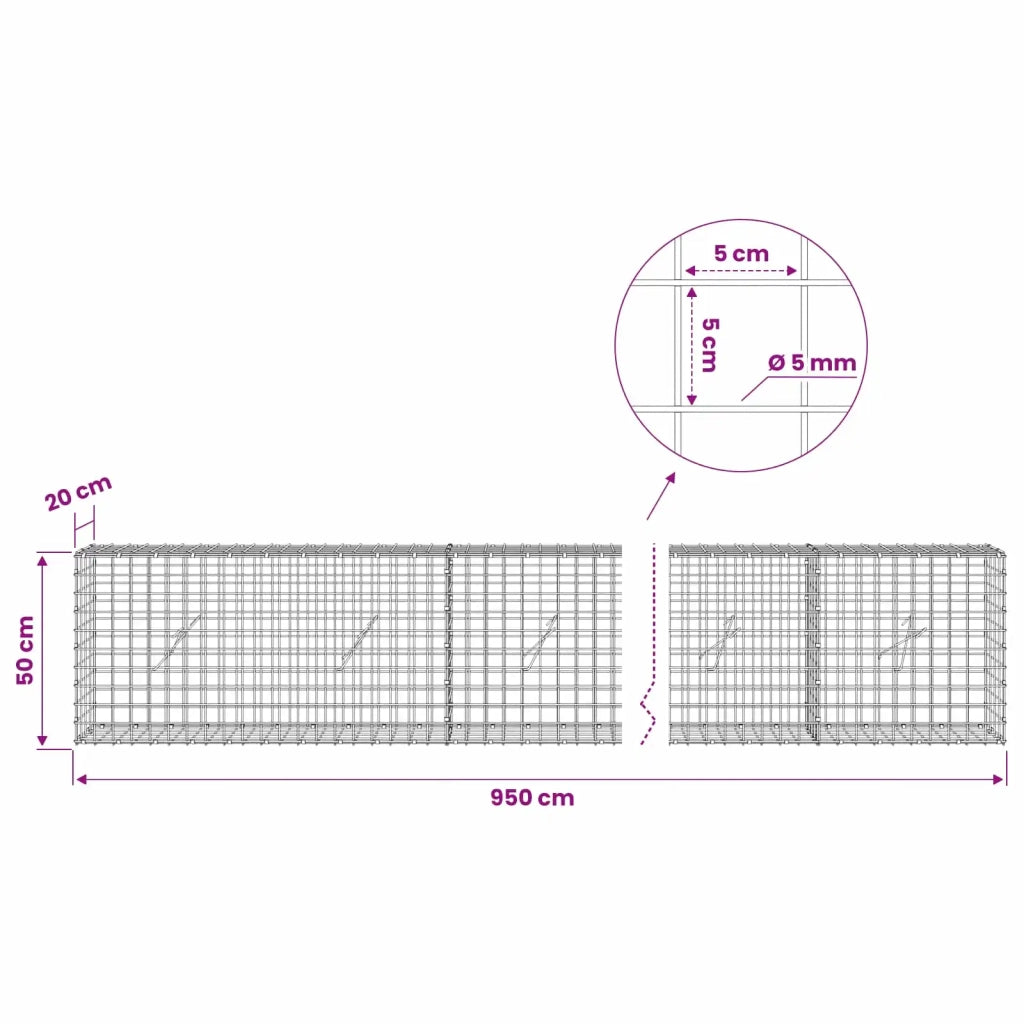 Gabione con filo da 5 mm e rete da 5x5 cm 950x20x50 cm 3464053