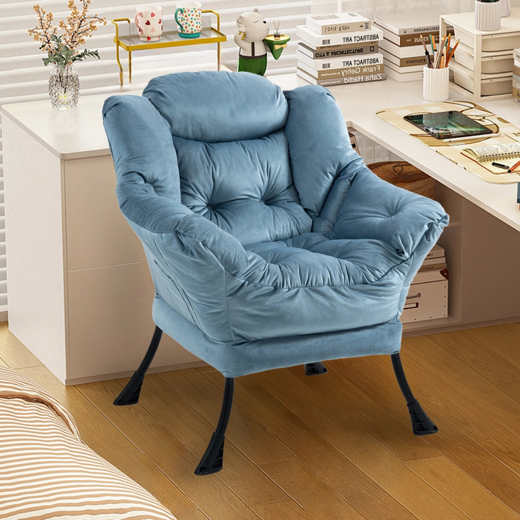 Sedia relax azzurra con struttura in metallo e tasca laterale