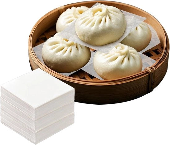 Pacco da 1500 - Stomero a bambù da 7cm - Fogli di carta per buns - dumplings - Senza grasso - Fogli quadrati di carta per forno - forno a aria - cottura di pane - biscotti - torte