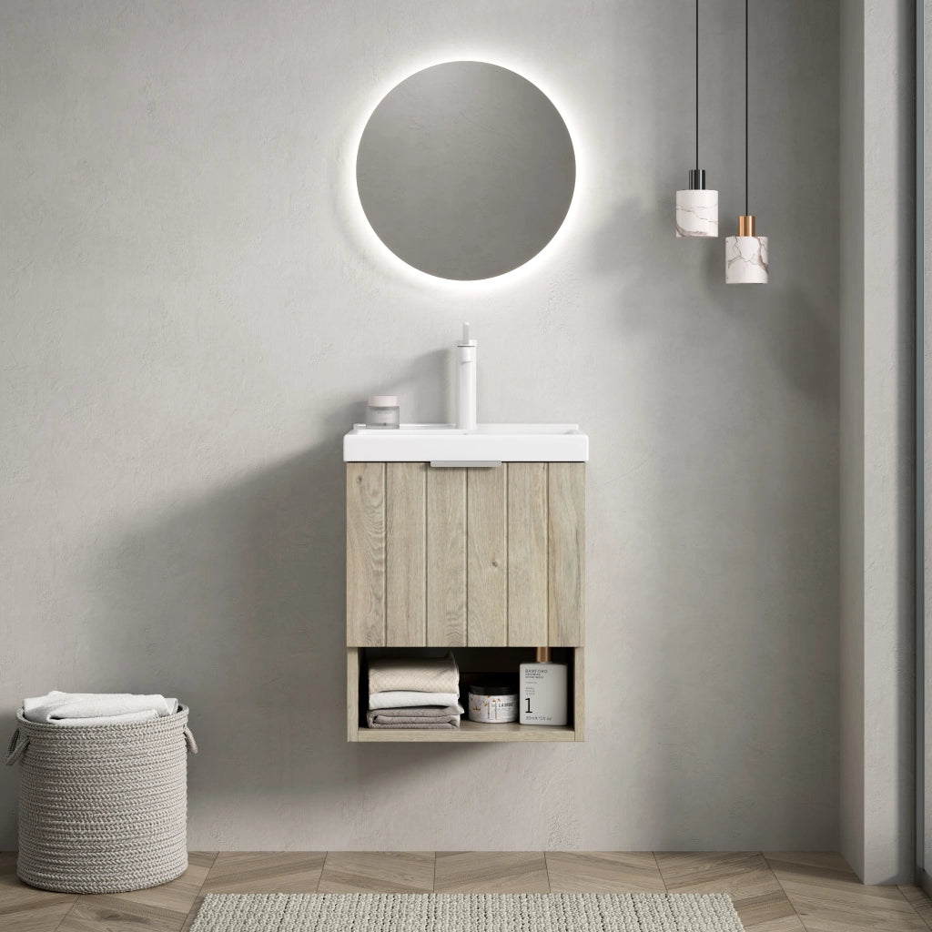 Mobile bagno sospeso con 2 ante e ripiano aperto; lavabo in ceramica bianca; per bagno; 49×39×61 cm; bianco