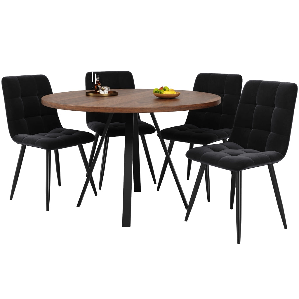 Tavolo da pranzo rotondo con 4 sedie in velluto, piano in MDF e gambe in metallo, per cucina e sala da pranzo