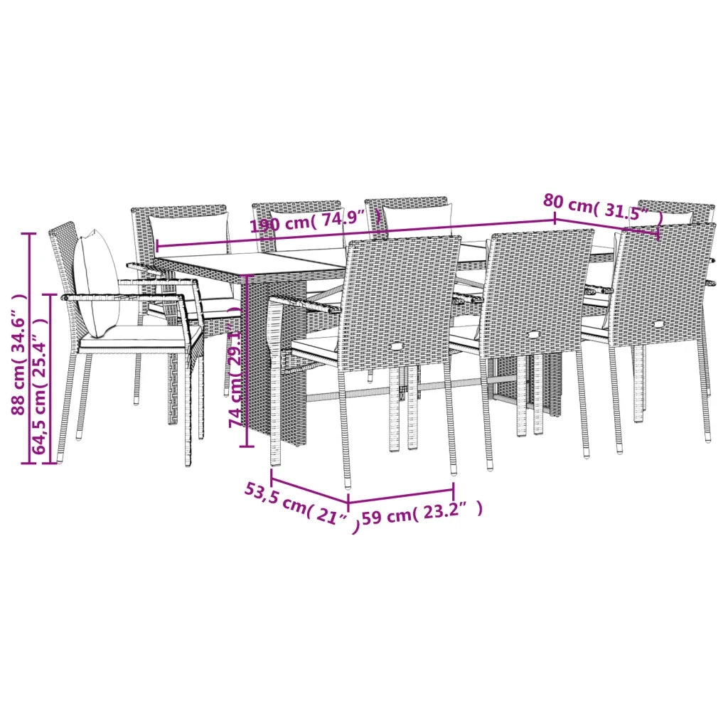 Set da Pranzo da Giardino 9 pz con Cuscini Nero in Polyrattan 3213499