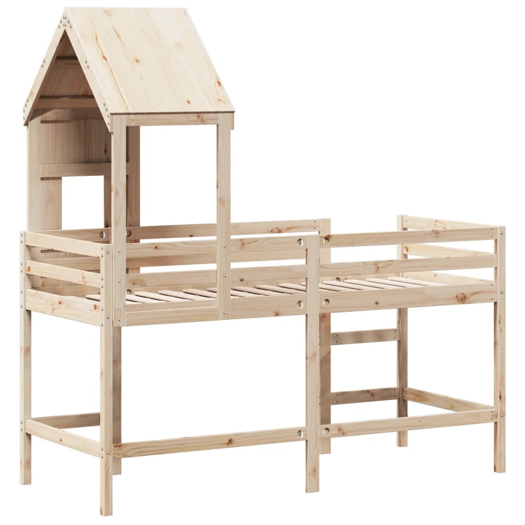 Letto singolo | Letto per adulti | Letto Soppalco con Scala e Tetto 80x200 cm Legno Massello Pino