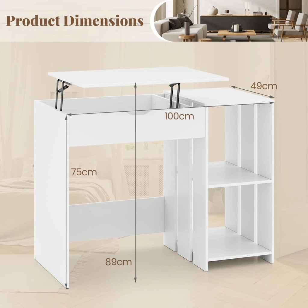 Scrivania per computer in legno con piano sollevabile, tavolo da lavoro con 2 ripiani aperti e 1 scomparto nascosto, 100 x 49 x 75 cm, scrivania moderna per ufficio, studio (bianco)