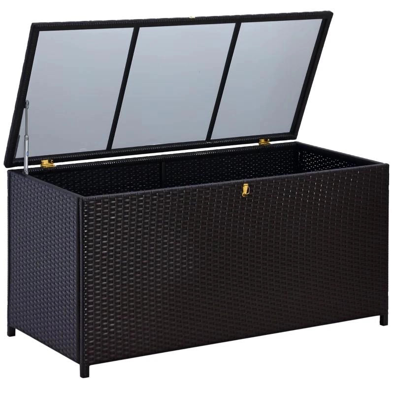 BAULE DA ESTERNO DA 284L CON PISTONE A GAS, RATTAN PE E ACCIAIO, 118X54X59 CM, MARRONE SCURO