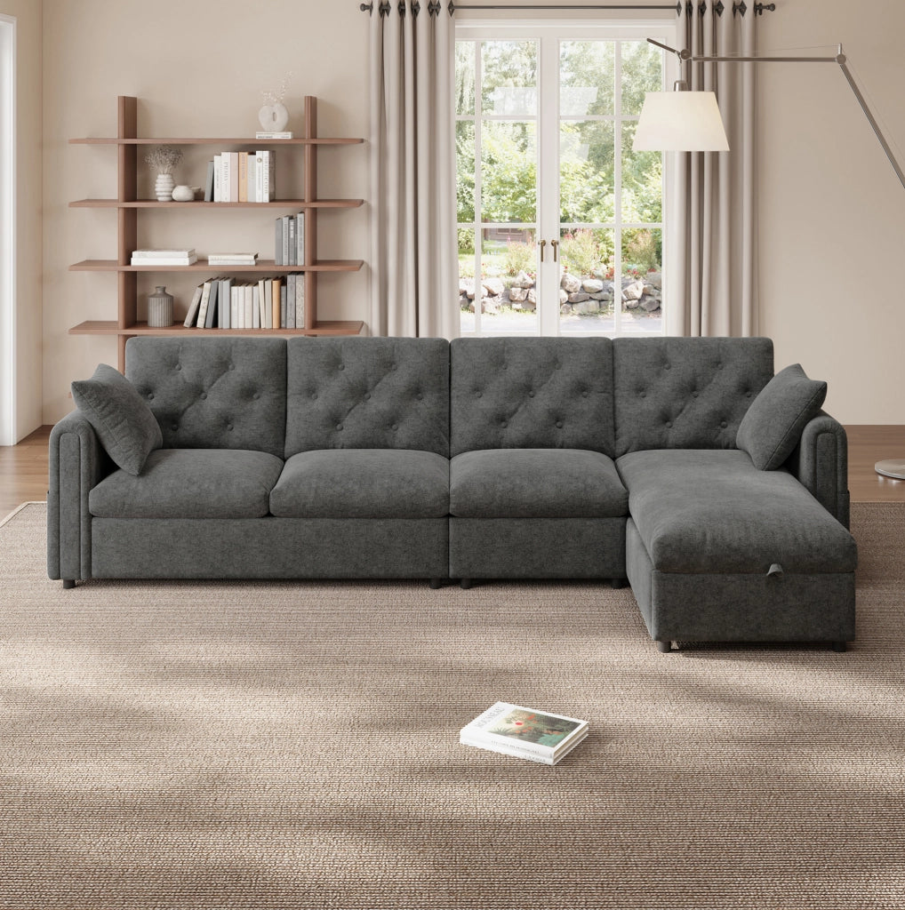 Divano angolare a L grigio con letto e contenitore 281x132 cm