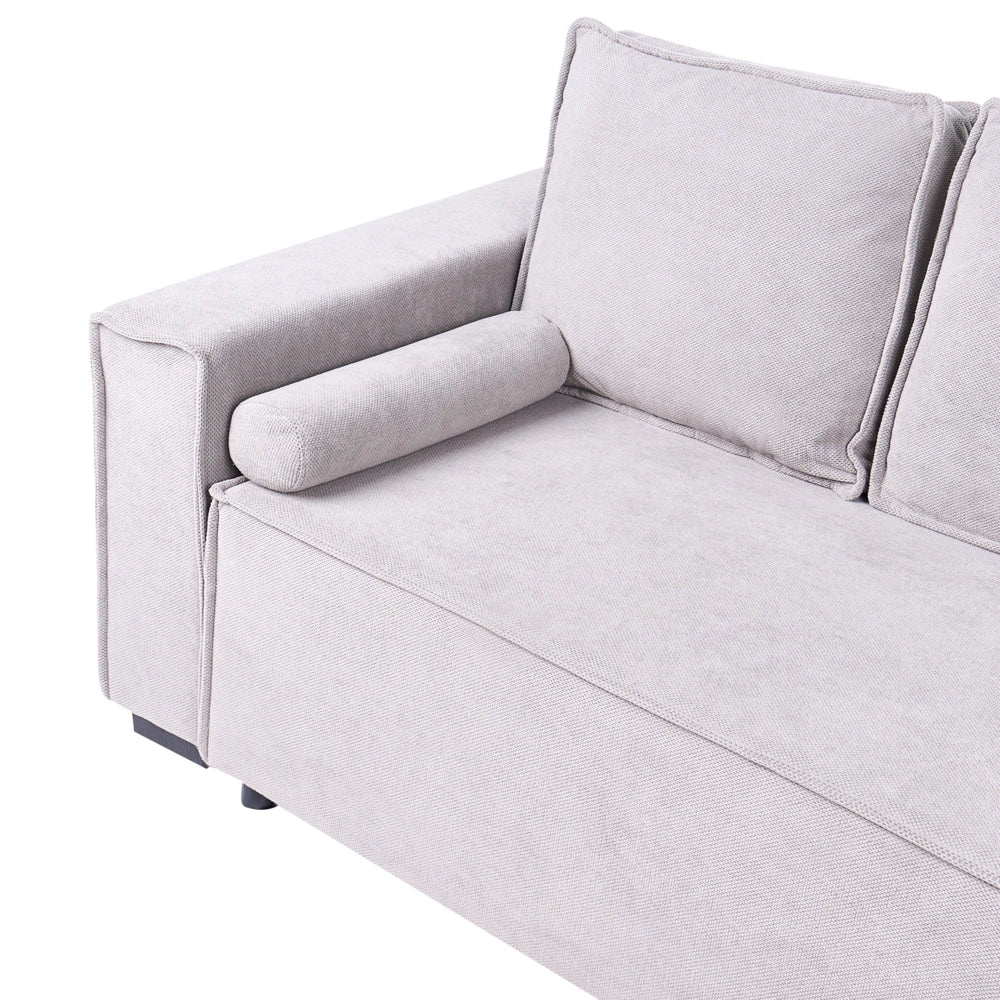 Divano letto angolare a 3 posti con rivestimento in tessuto grigio lato sinistro con braccioli contenitore reversibile stile moderno soggiorno