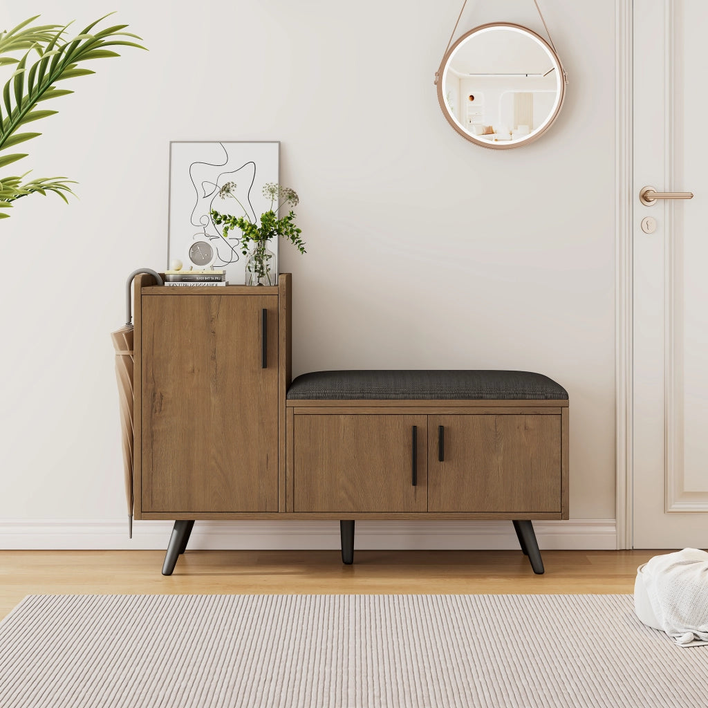 Scarpiera con seduta imbottita e ripiani regolabili, in truciolare e metallo, per ingresso, naturale, 100 × 34 × 68,5 cm