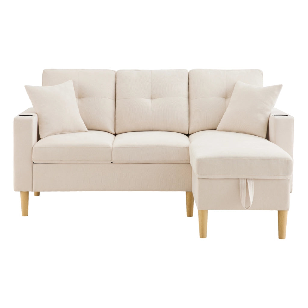 Sofa angolare con chaise longue reversibile, 3 posti, con contenitore, portabicchieri e 2 cuscini