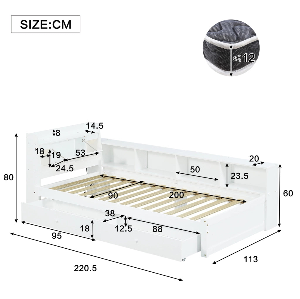 Letto singolo 90x200 cm con testiera con ripiano; cassetti e prese in legno bianco