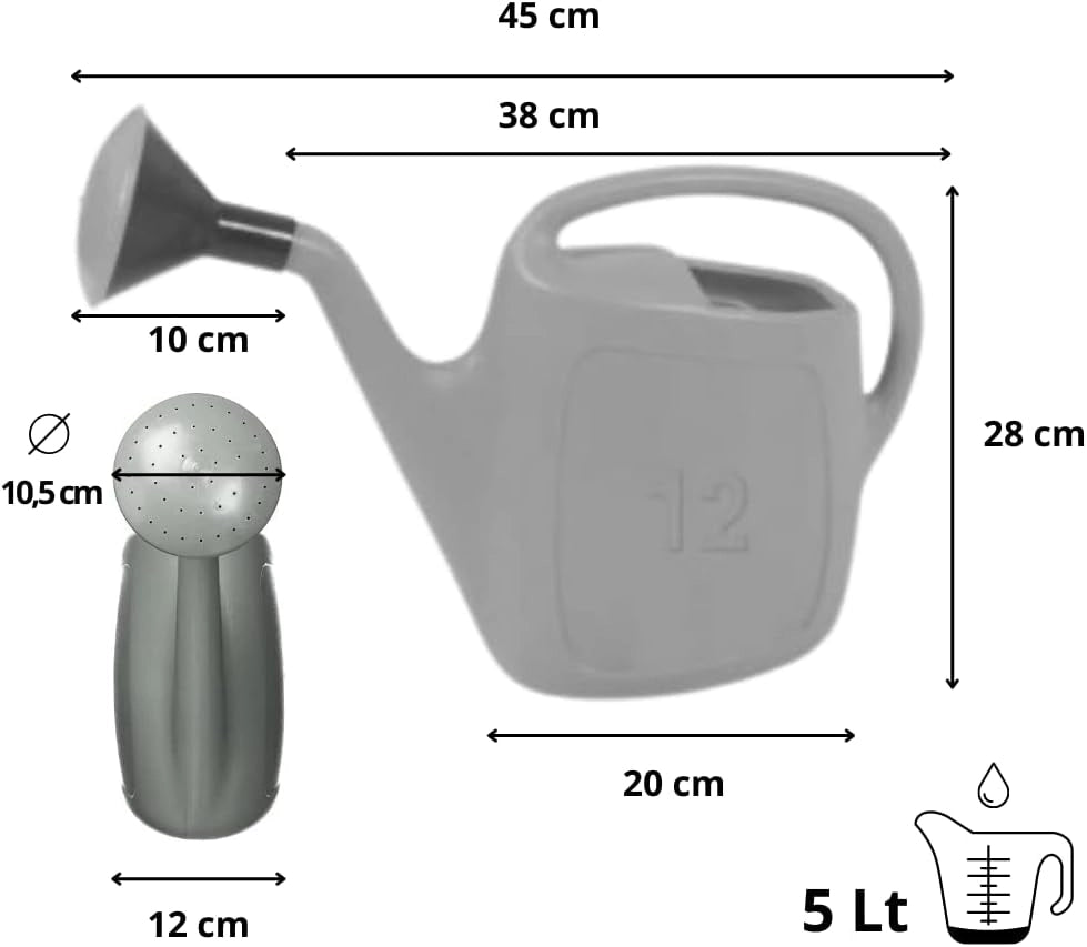 Annaffiatoio universale in plastica, beccuccio lungo, impugnatura comoda per interno ed esterno 5lt