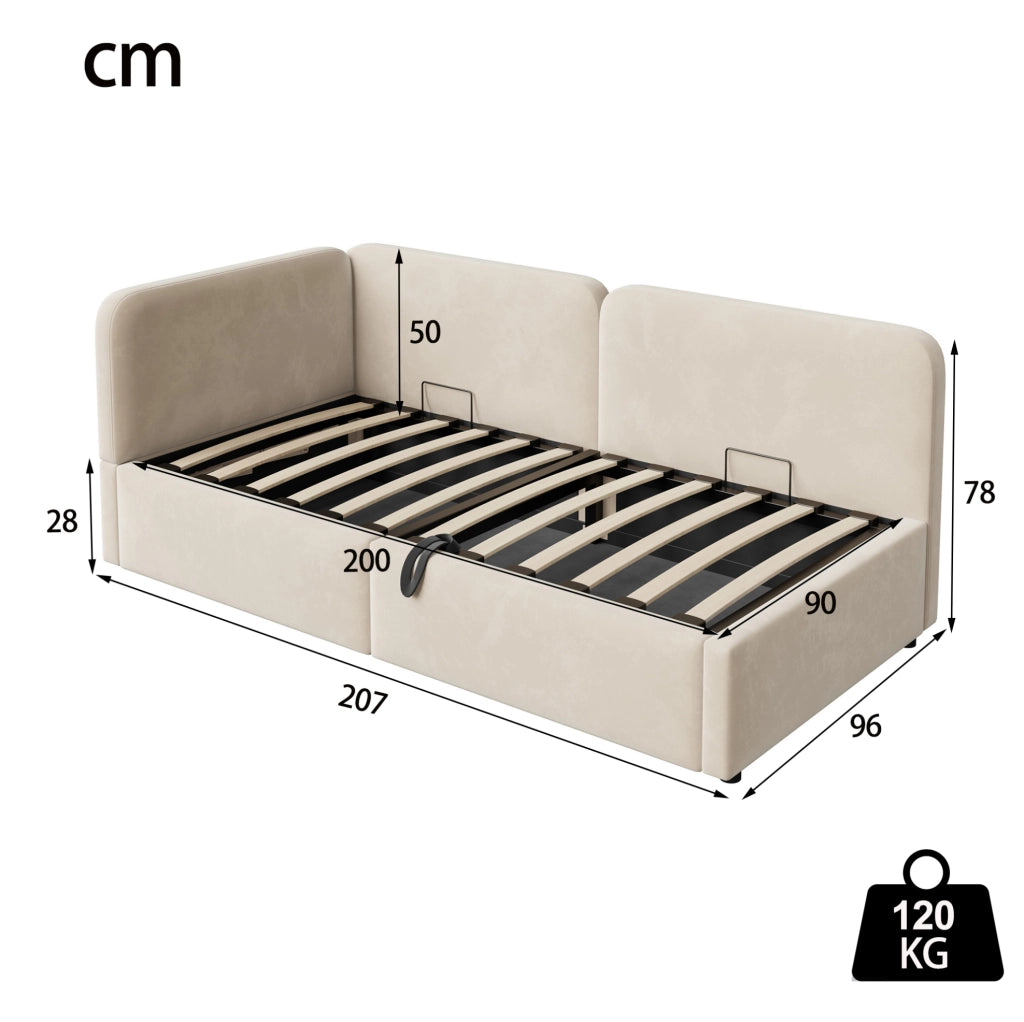 Divano letto imbottito 207x96x78 cm con spazio contenitore idraulico; tessuto beige