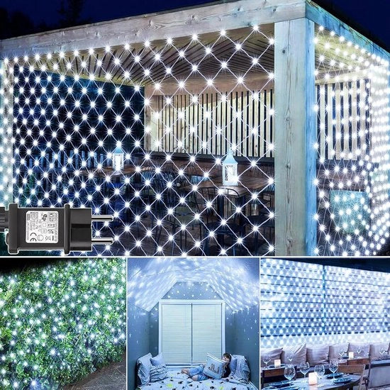 Fili di illuminazione per esterno 3 x 2 m 200 led con presa timer 8 modalità decorazione natalizia impermeabile a manto d'acqua tenda di luce per giardino balcone stanza decorazione bianca.