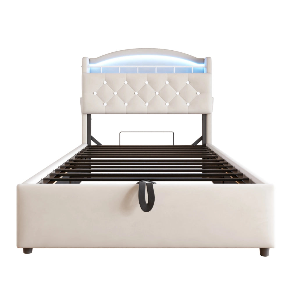Letto imbottito 90x200 cm con contenitore; LED e USB in tessuto beige