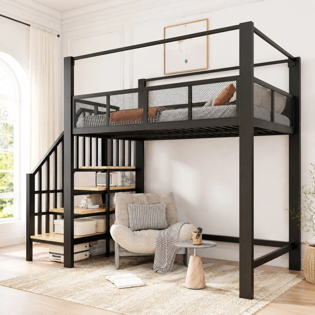 Letto a soppalco in metallo 90x200 cm con scala contenitore, struttura alta, colore nero