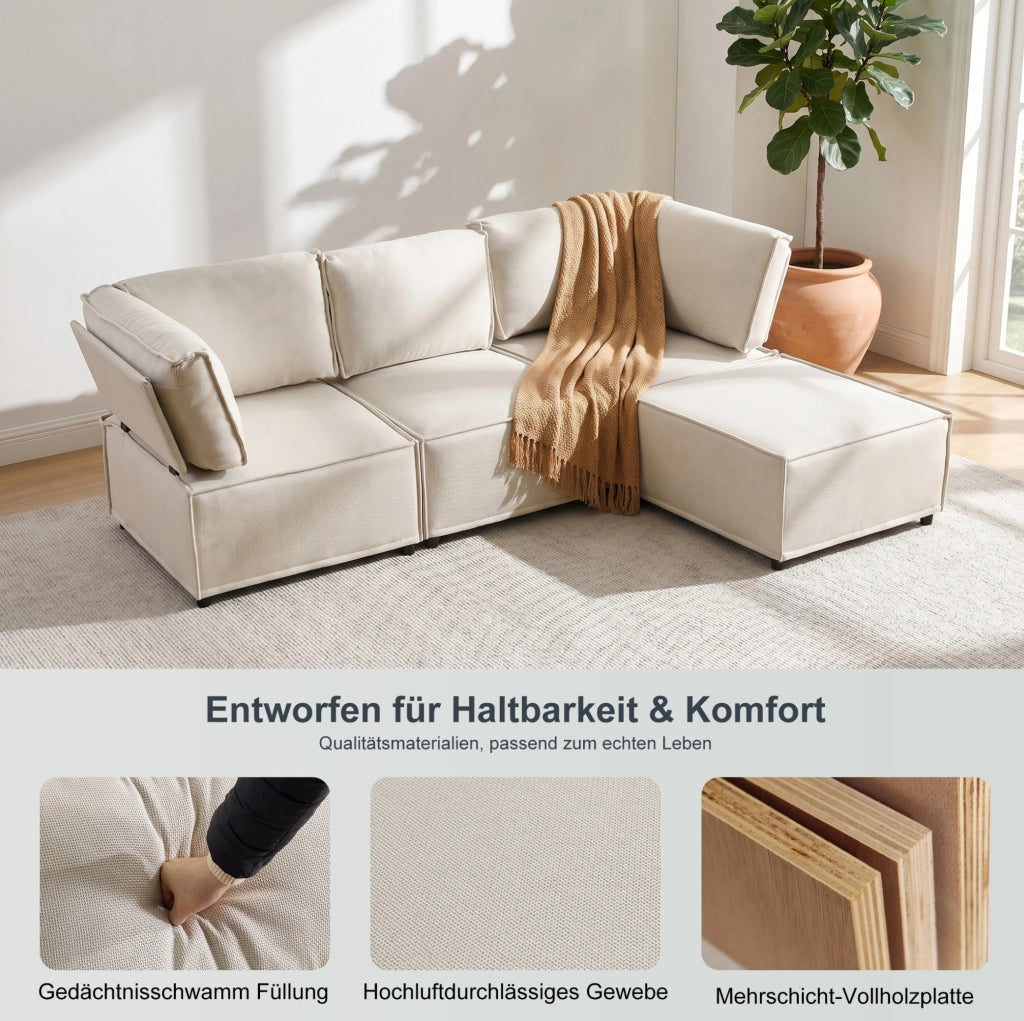 Divano modulare componibile in lino beige con struttura in legno, design versatile e adattabile per ogni ambiente