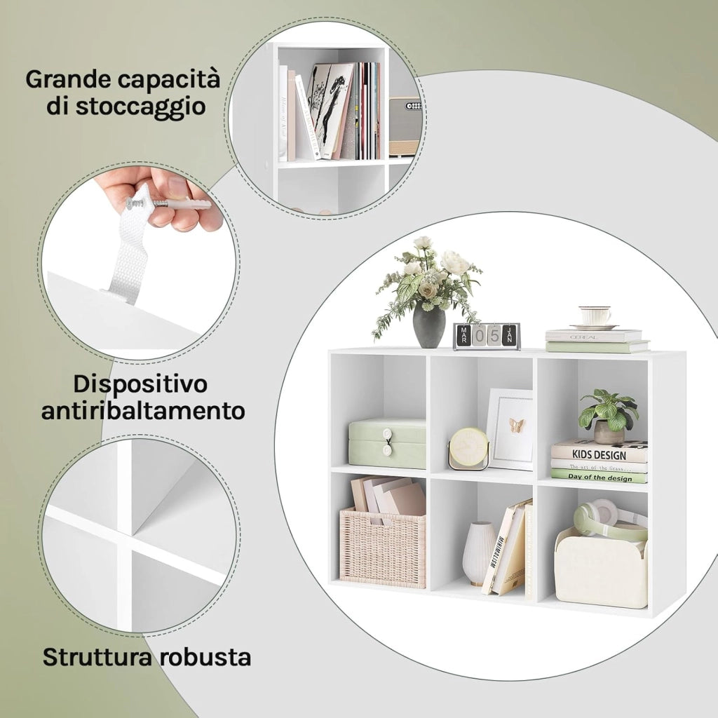 Libreria Bianca con 6 Cubi Portaoggetti, Scaffale in Legno Multiuso, Mobiletto Salvaspazio per Soggiorno, Camera da Letto, Ufficio 59.6X29X89cm, SK002ws3