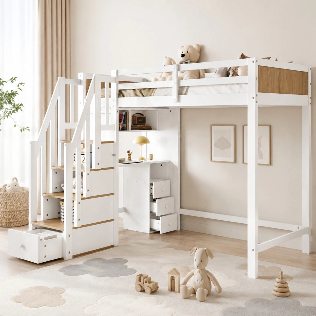 Letto a soppalco 90x200 cm con scrivania e cassetti