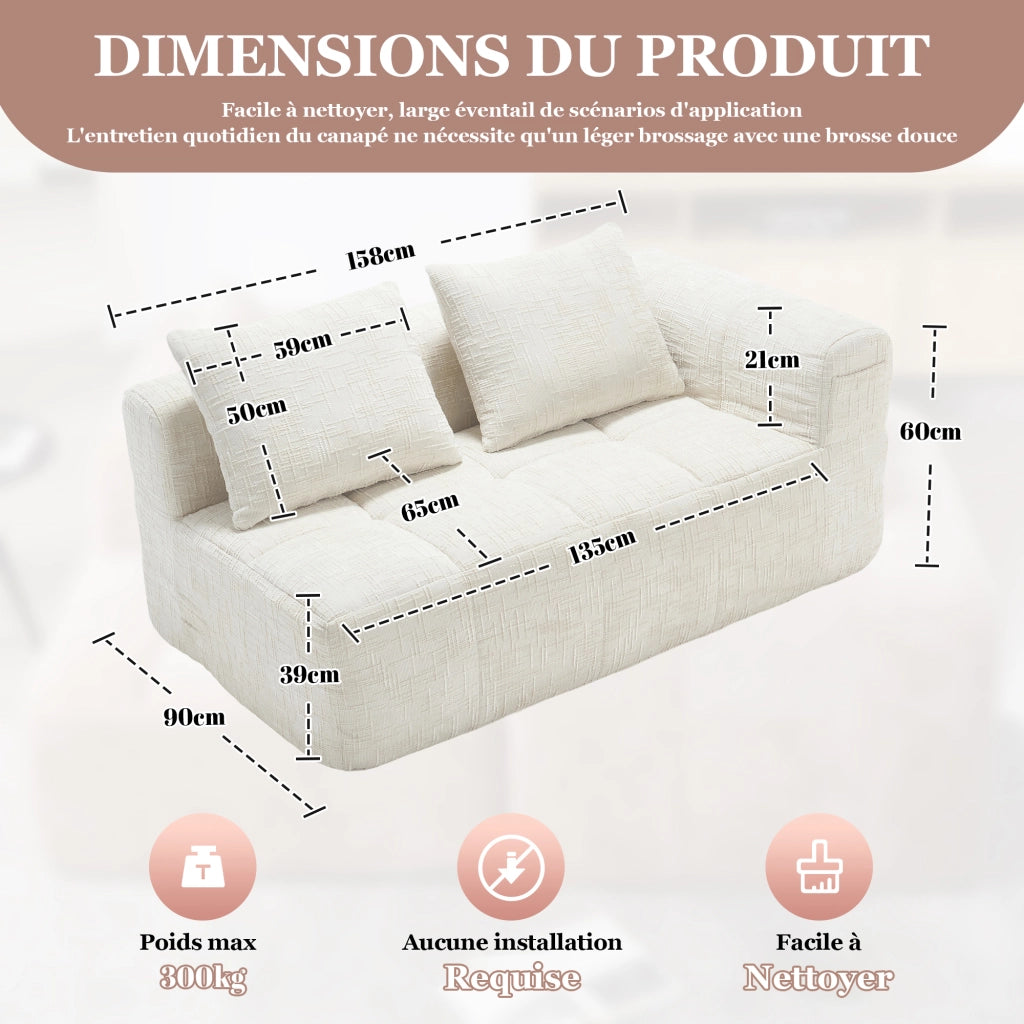 OKWISH Divano Chaise Longue 2 Posti, con Tasche Laterali, Cuscino Incluso e Seduta Imbottita, Ciniglia, Beige