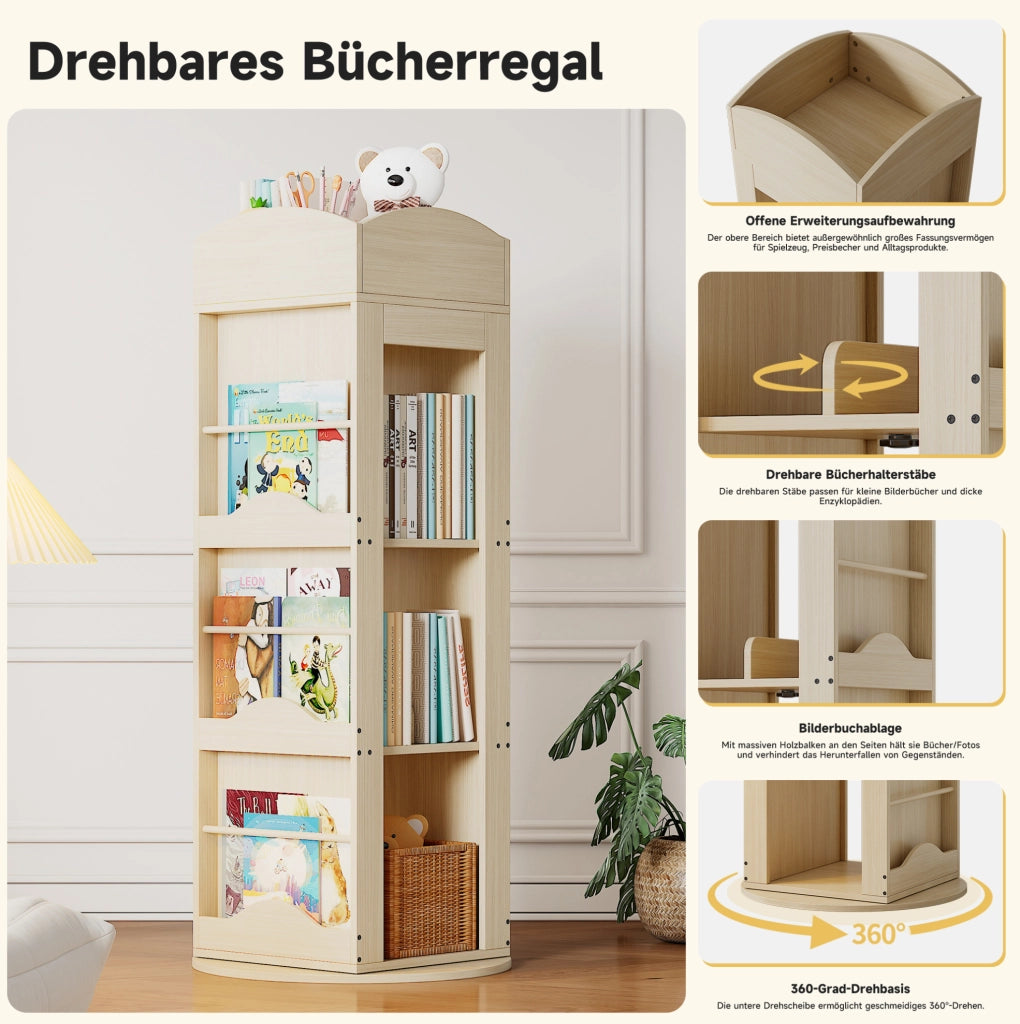 Libreria girevole 360° in MDF, 4 ripiani, colore naturale