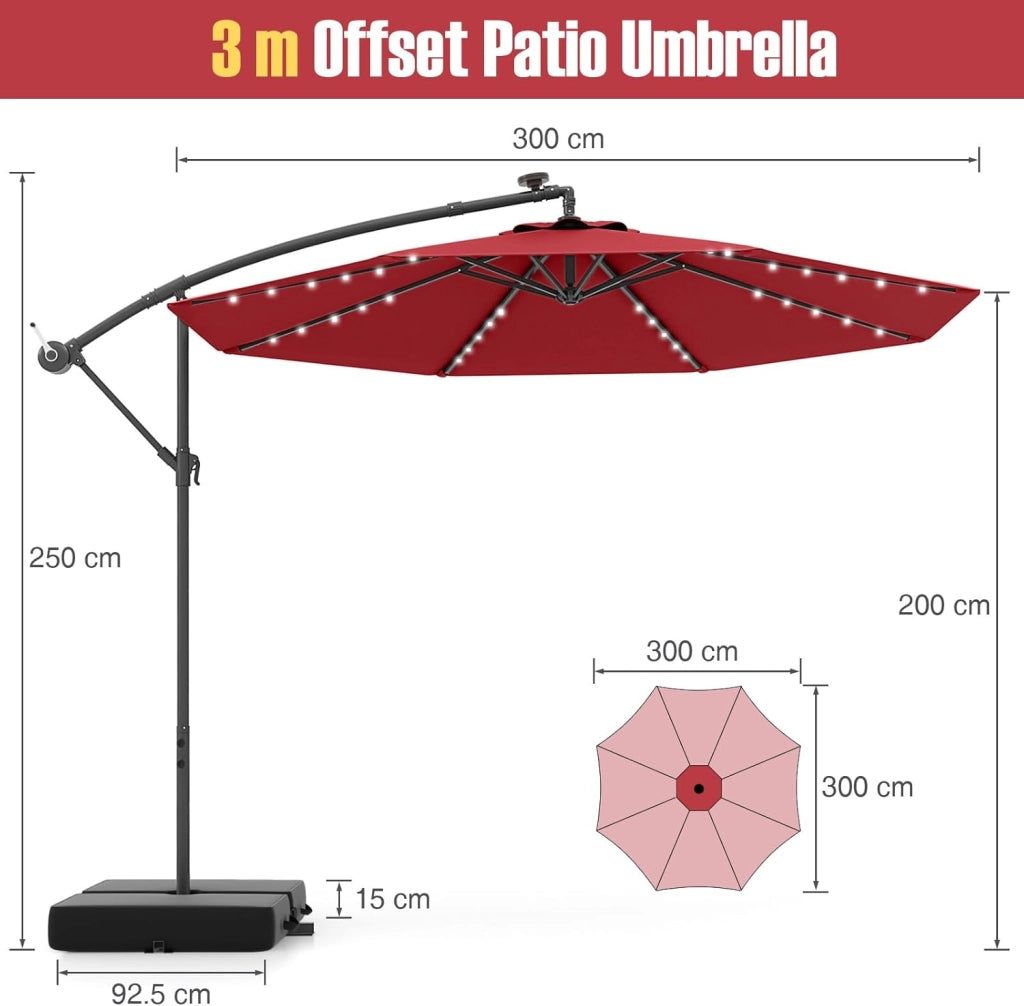 Ombrellone da Giardino con LED e Pannello Solare, Ombrellone Parasole con Sacchi di Sabbia, Anti UV, Impermeabile, Regolabile ad Angolo, Ombrellone da Giardino 3x3 con Manovella