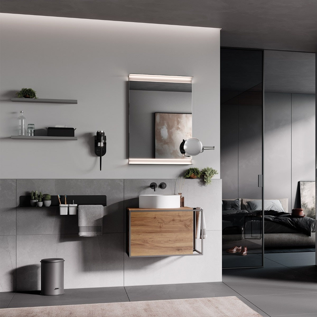 Lineabeta - Specchio con luce LED 3000k e mensola Speci in alluminio nero