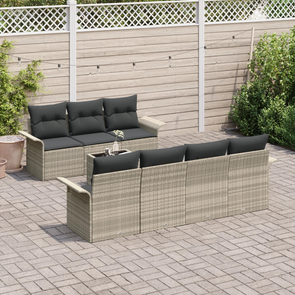 Set di divani da giardino da 8 pezzi con cuscini grigio chiaro in polyrattan