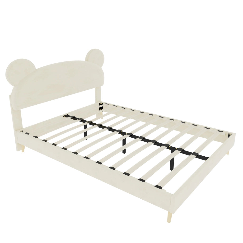 Letto per bambini 140x200 cm beige con testiera imbottita a orecchie d'orso e materasso