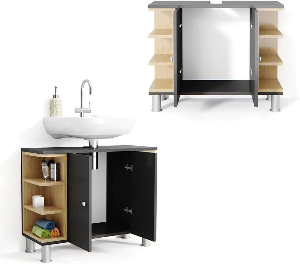 Mobile sottolavabo per bagno Aquis, Antracite, 79.6 x 64 cm, per la conservazione in bagno e combinabile con Aquis