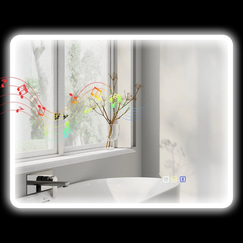 Specchio da bagno a LED Bluetooth 70 x 90 cm Interruttore touch Luce regolabile in 3 colori Antiappannamento Memoria Argento