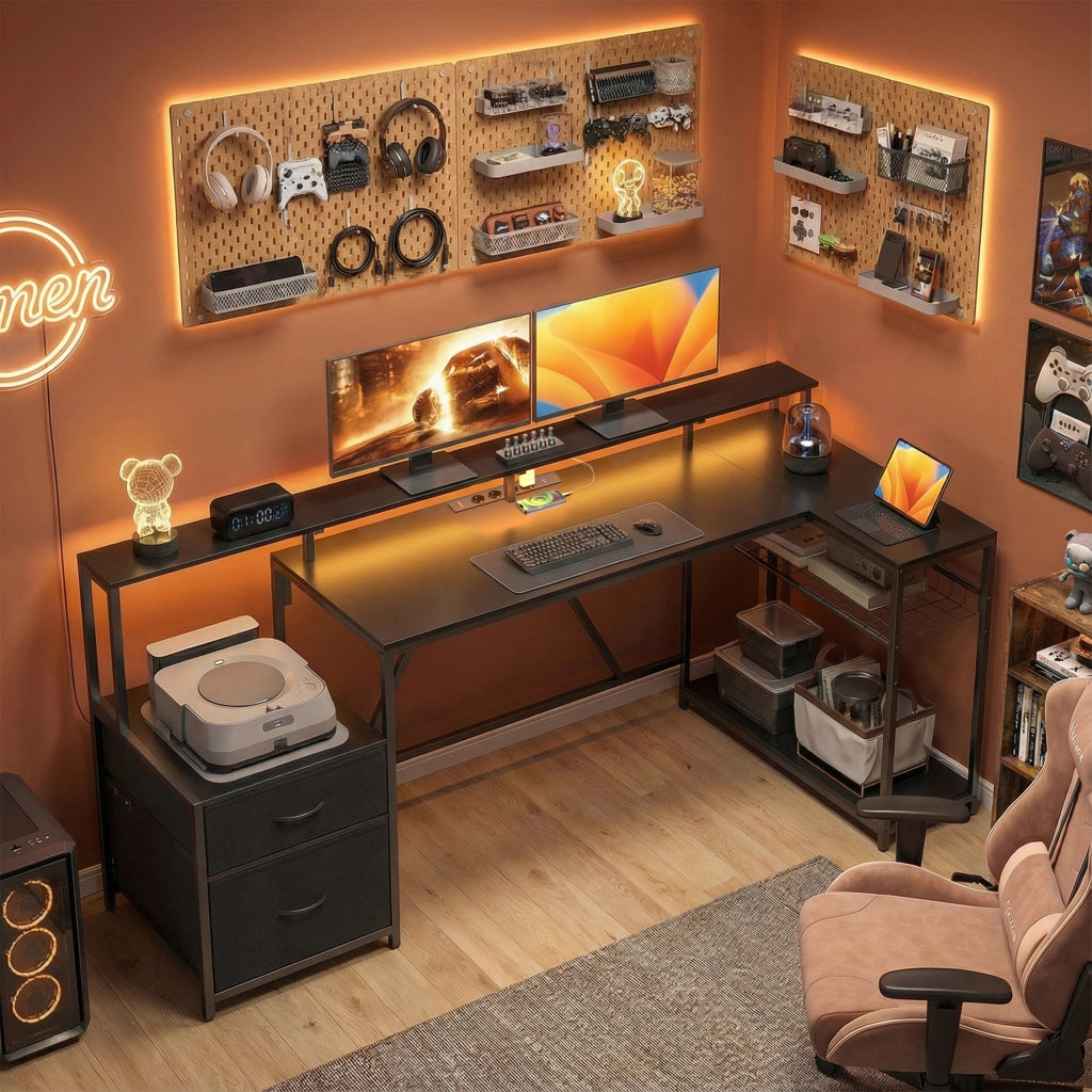 Scrivania Gaming Angolare con Hub Ricarica e LED ¨C Zephmum ¨C Legno e Acciaio Nero 192.5x80x86.5 cm