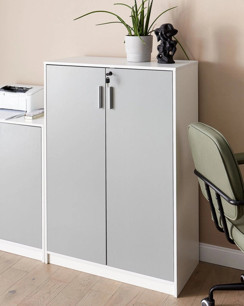 Armadietto moderno a 2 ante e 3 ripiani per ufficio con chiusura a chiave grigio chiaro e bianco ufficio di casa stile moderno