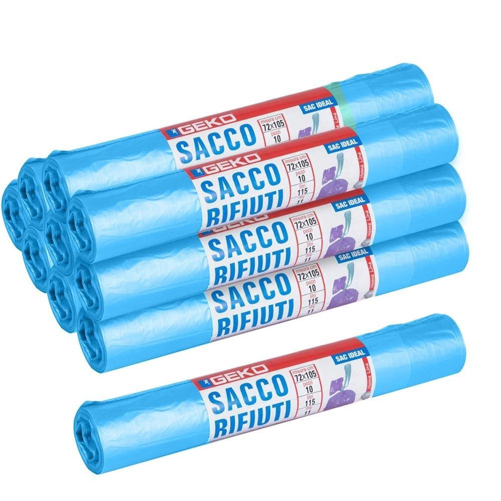 Trade Shop - Rotoli Sacchetti Buste Per Spazzatura 115lt 72x105cm Chiusura Con Laccetto Blu -
