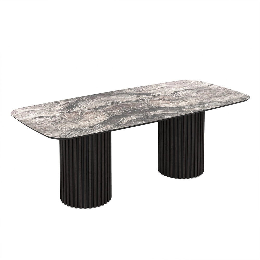 Tavolo rettangolare fisso piano nero arabesque e basi in legno cannettati Oslo 200x100x76H
