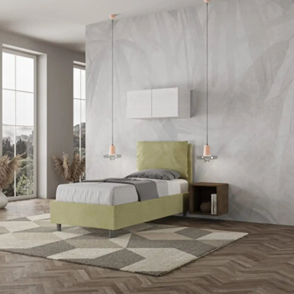 Letto singolo con rete imbottito 80x200 microfibra tè verde Antea
