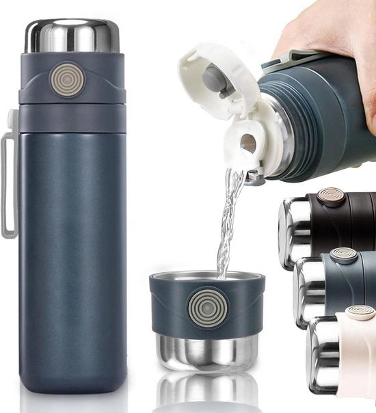 Termos 500 ml in acciaio inossidabile con tazza e filtro - impermeabile - caffè al volo - flacone isolante - 12 ore caldo/freddo - per uso lavorativo, ufficio, scuola, sport, viaggi - blu