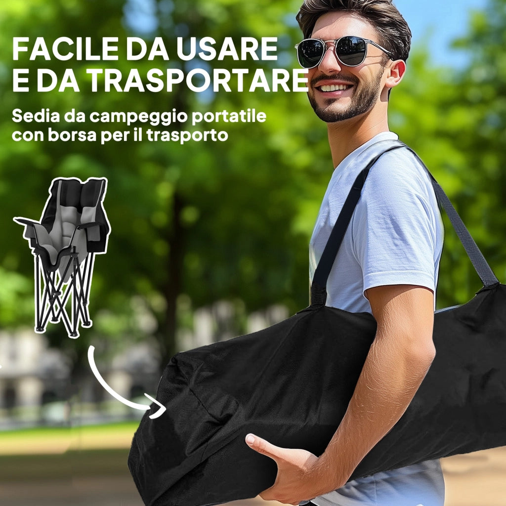 Sedia da Campeggio Pieghevole 99x71x103 cm con 2 Portabicchieri e Tasche Laterali Grigio e Nero