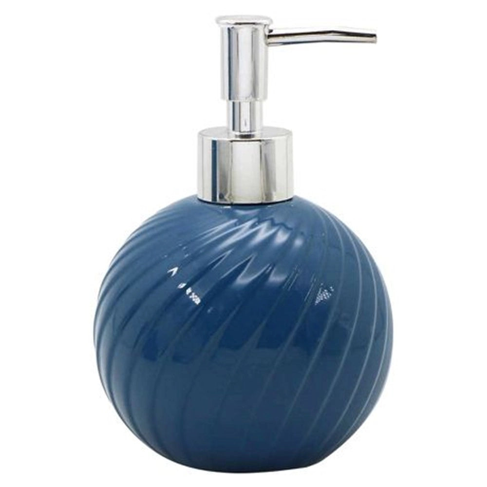 Trade Shop - Dispenser Porta Sapone Liquido Sferico In Ceramica Rigata Blu Arredo Bagno 79954 -