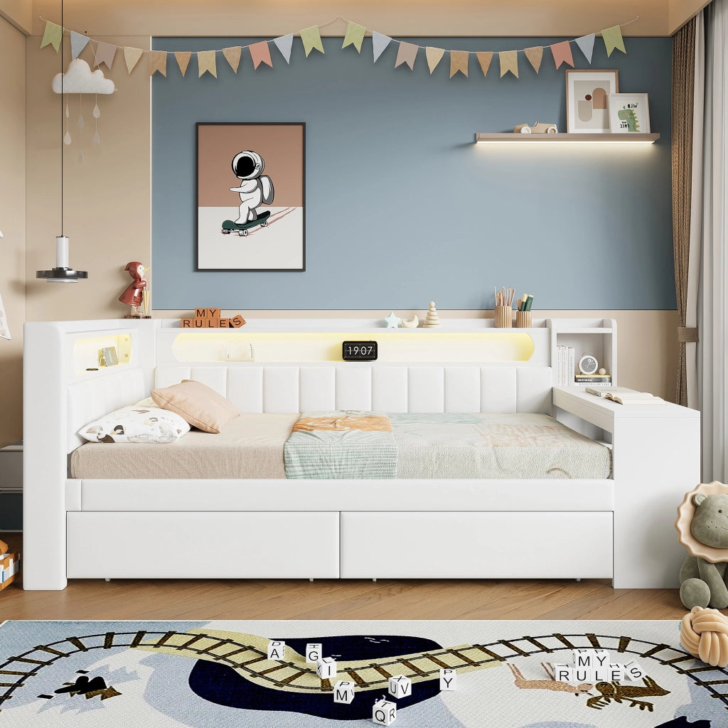 Letto a Divanetto 90x200 cm; Letto Singolo - USB; Scrivania; 2 Cassetti e LED - Bianco