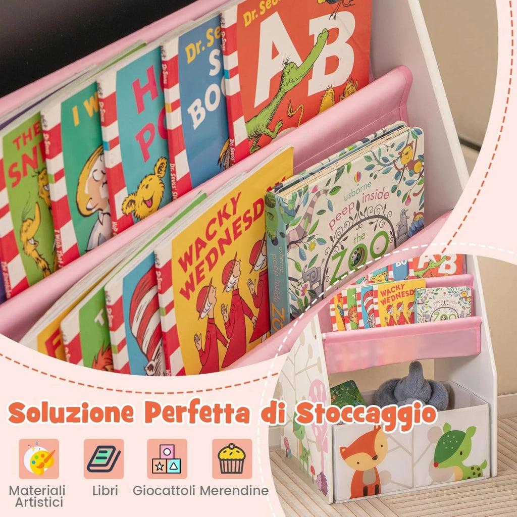 Cavalletto per Bambini Doppio Lato, Set Tavolo e Sedia per Bambini con Lavagna Magnetica e Lavagna Bianca, Contenitore in Tessuto e Libreria(Bianco)