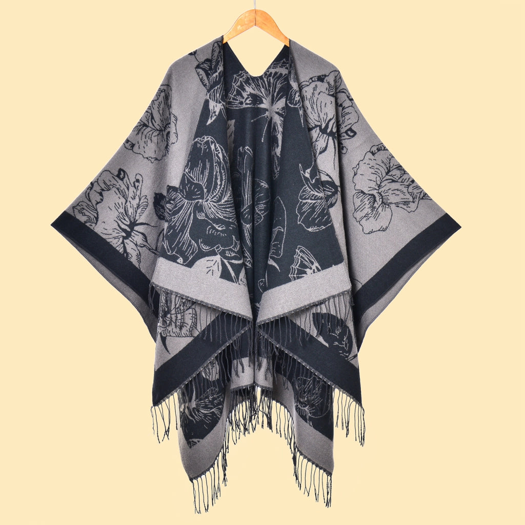 Elegante scialle caldo double-face con frange floreali e spacco laterale