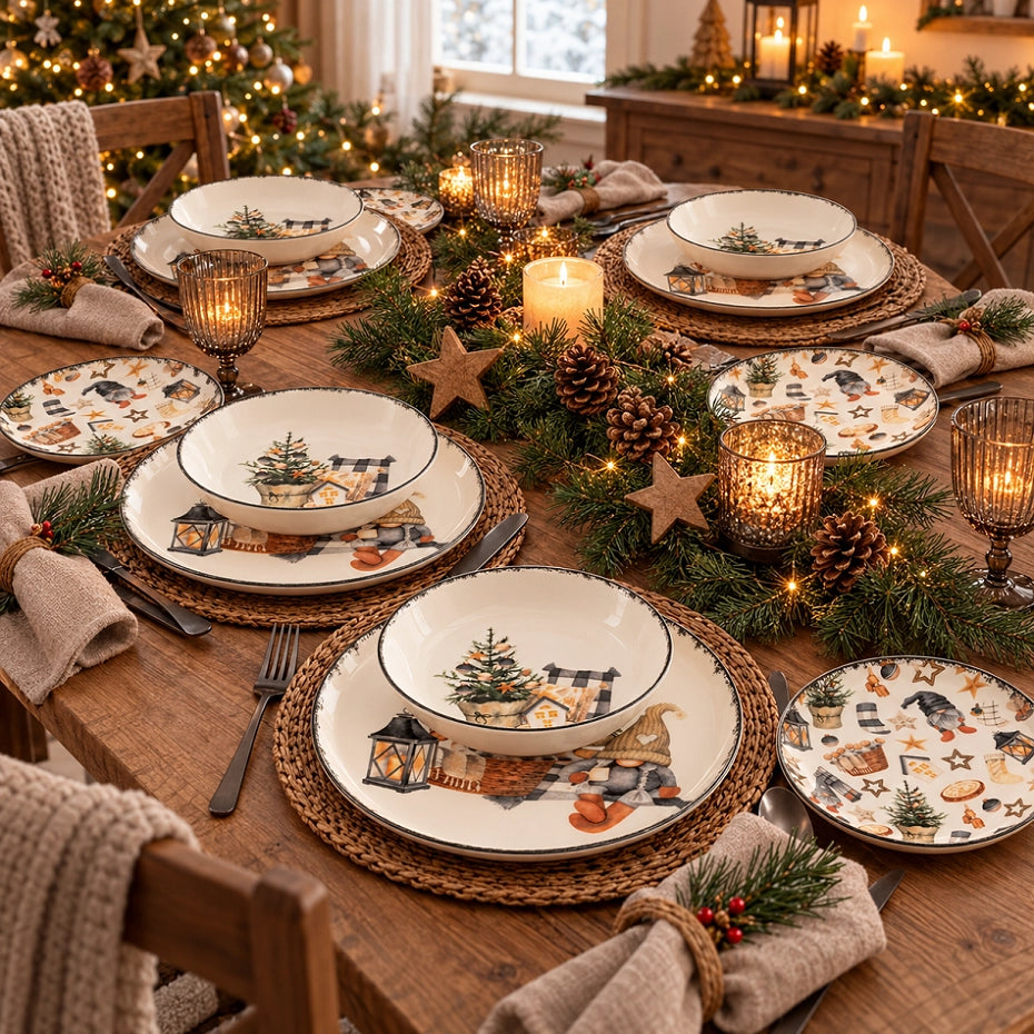 Servizio di Piatti da Tavola H&H Country Winter Stoneware Natale 18 Pezzi